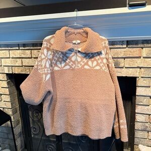 Entro long sleeve heavy weight zip neck snowflake sweater, tan, size Large, EUC